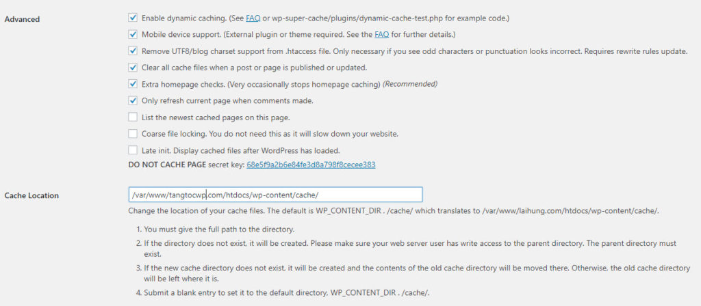 cài đặt Wp Super Cache Advanced Tab 2