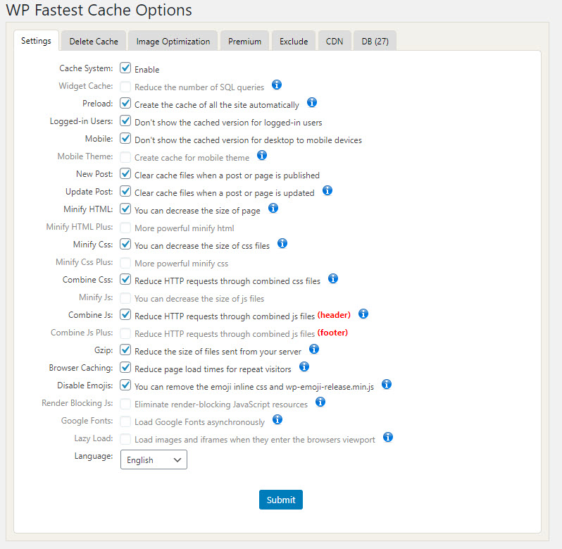 cấu hình tối ưu Wp Fastest Cache 1