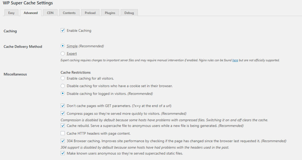 Wp Super Cache Advanced Tab 1